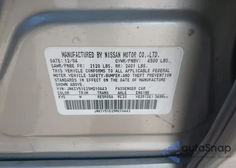 2005 Infiniti G35 from USA, damaged, VIN JNKCV51E25M210443